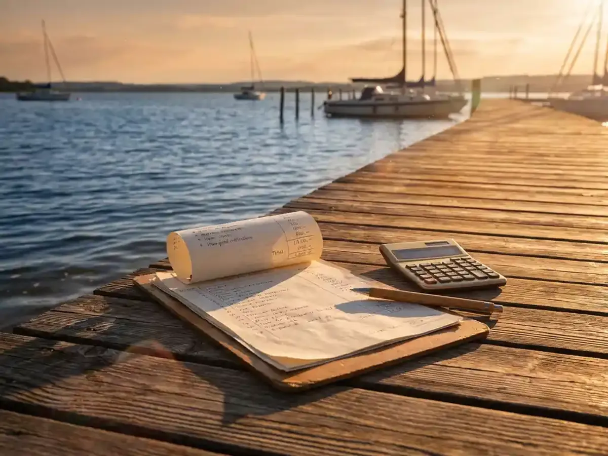 Houten klembord met uitgavenbladen op verweerde steiger, rekenmachine en pen ernaast, zeilboten op meer op achtergrond
