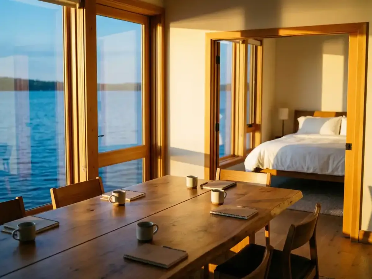 Serene vergaderruimte aan het meer met grote ramen, moderne tafel met notitieboeken en koffiekopjes, aangrenzende slaapkamer zichtbaar