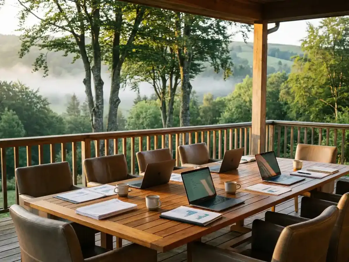 Luxe houten vergadertafel met leren stoelen op verhoogd bosterras met uitzicht over Utrechtse Heuvelrug heuvels