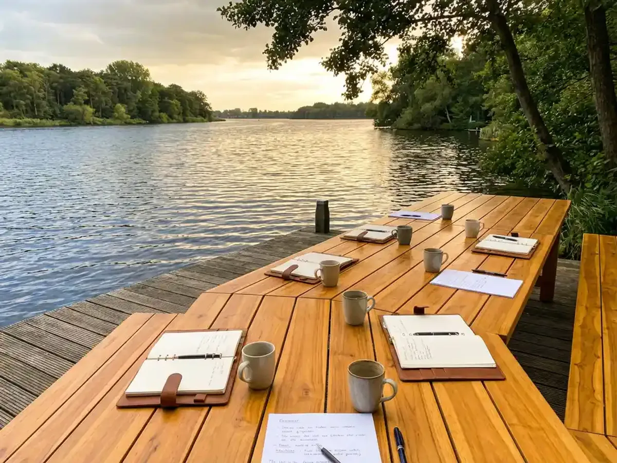 Teambuilding in Midden-Nederland combineren met een vergadering of strategiedag Houten vergadertafel op steiger aan het Eemmeer met notitieblokken en koffiekopjes, gouden middaglicht weerkaatst op water