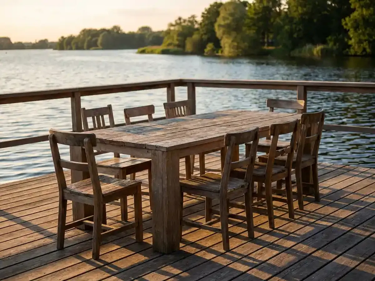 Houten conferentietafel met stoelen op zonnig terras met uitzicht op Eemmeer, gouden uurtje verlichting