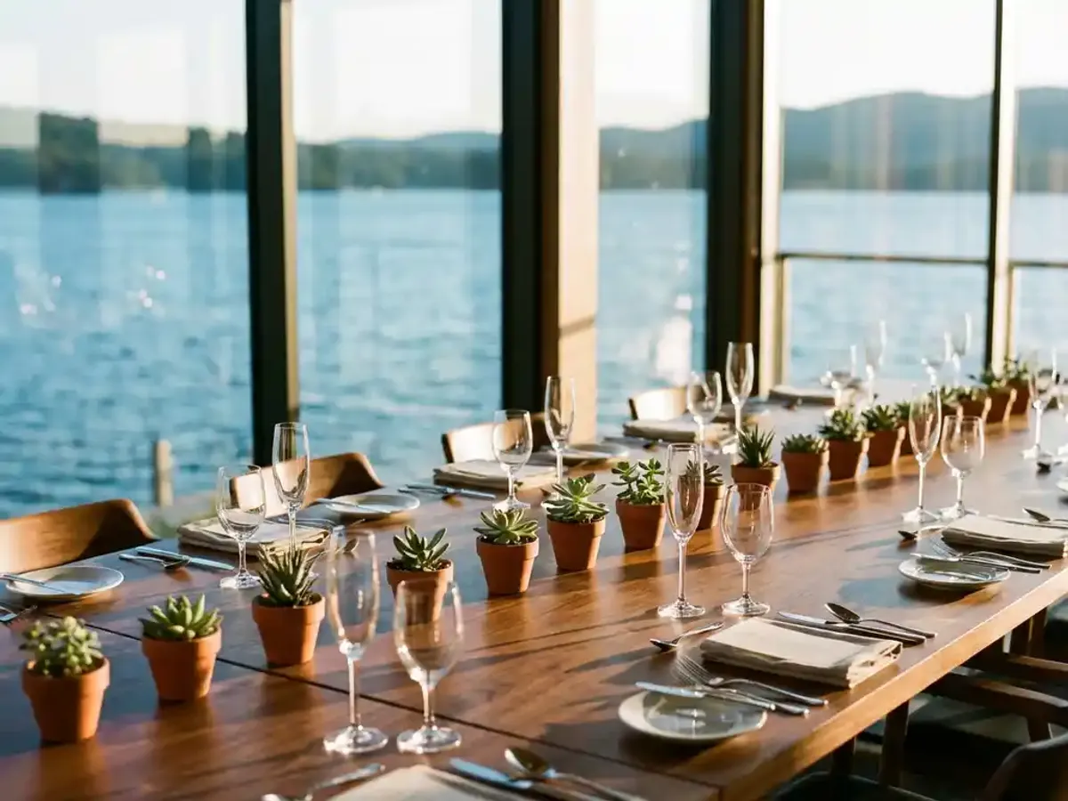 Wat kost een personeelsfeest organiseren gemiddeld per persoon? Elegante houten vergadertafel met glaswerk en vetplanten bij raam met uitzicht op kalm blauw water