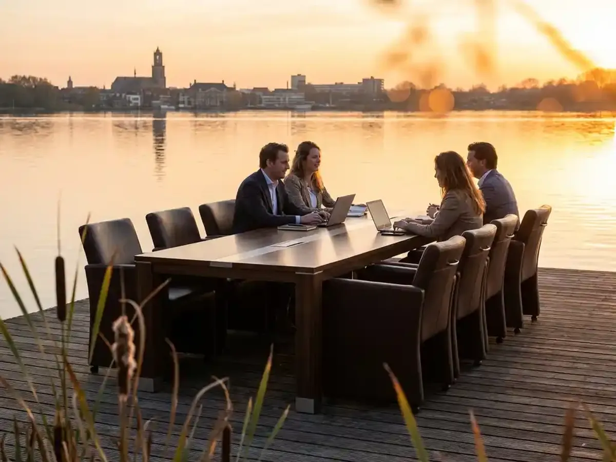 Moderne vergadertafel met leren stoelen op houten steiger aan het Eemmeer met Amersfoort skyline op achtergrond