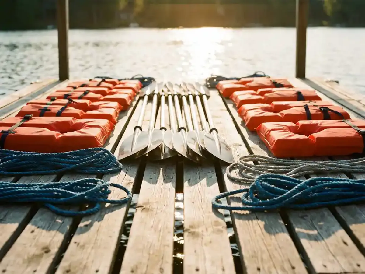Kleurrijke watersportuitrusting gerangschikt op verweerde houten steiger, oranje zwemvesten en zilveren peddels in zonlicht